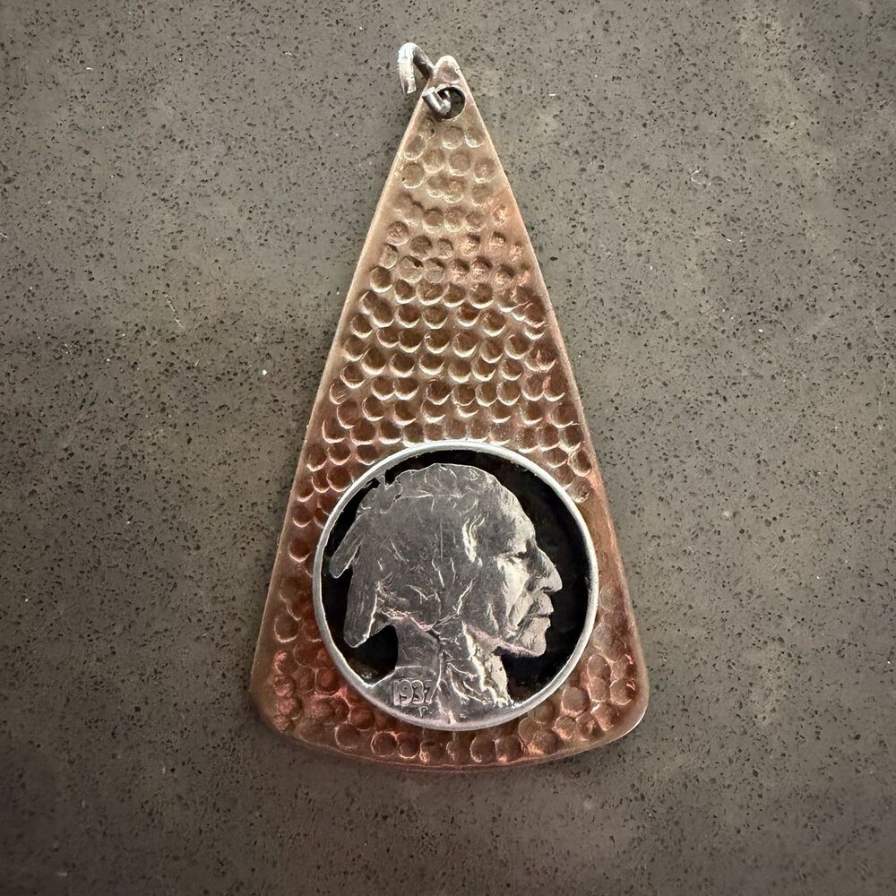 Vtg Hand Hammered Copper w/Sterling Buffalo Nickel Triangle Pendant